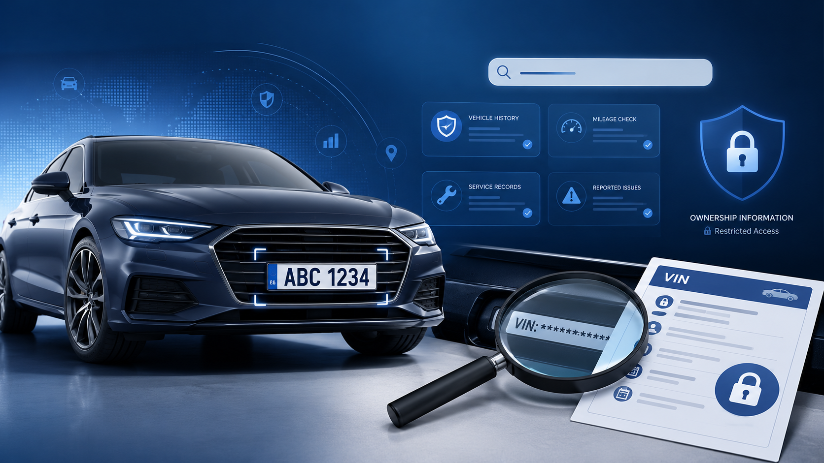 Modern car with highlighted license plate, VIN lookup document, magnifying glass, and restricted ownership information icon.